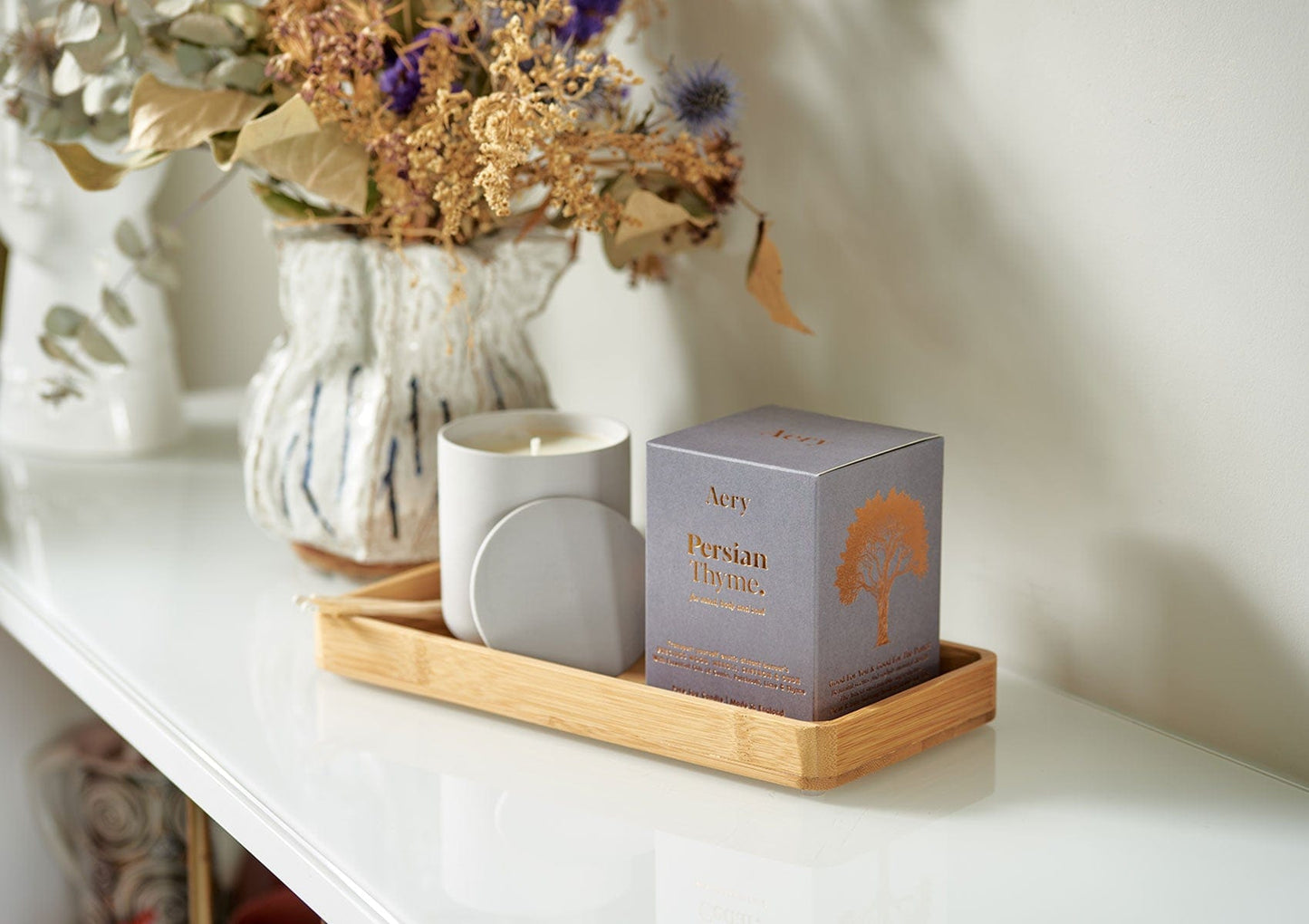 Fernweh Persian Thyme Candle by Aery with box on a shelf