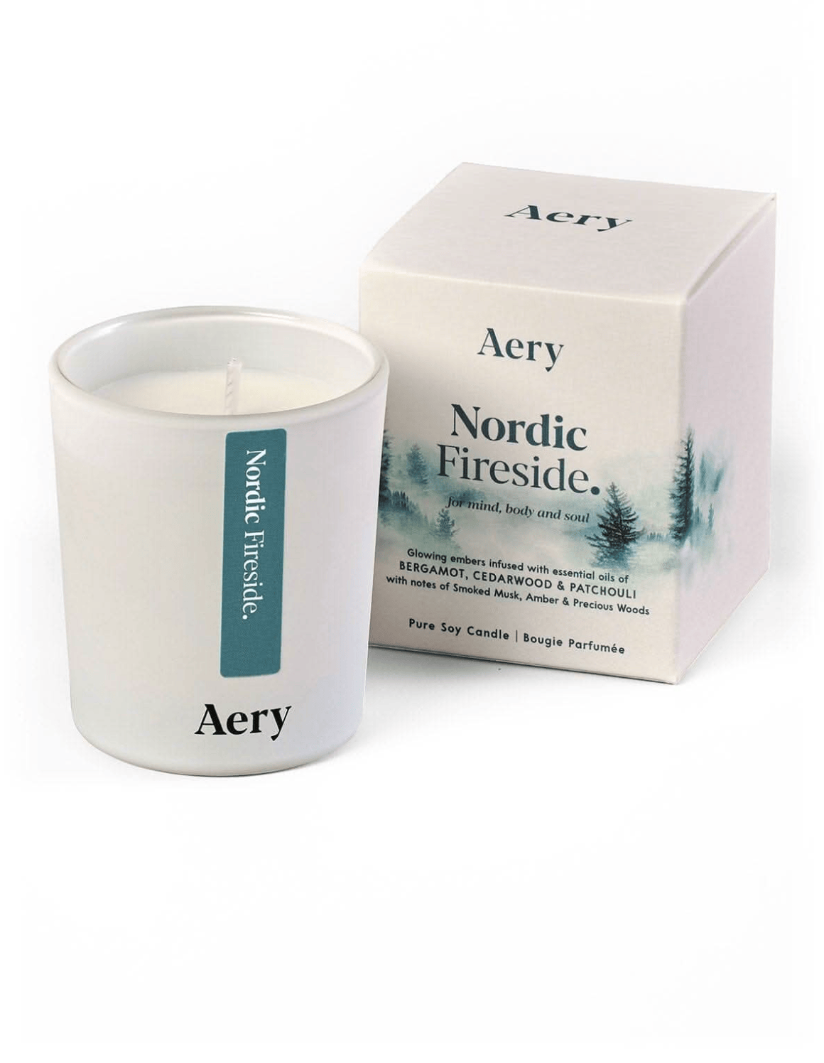 Aery Nordic Fireside candle and packaging on a white background