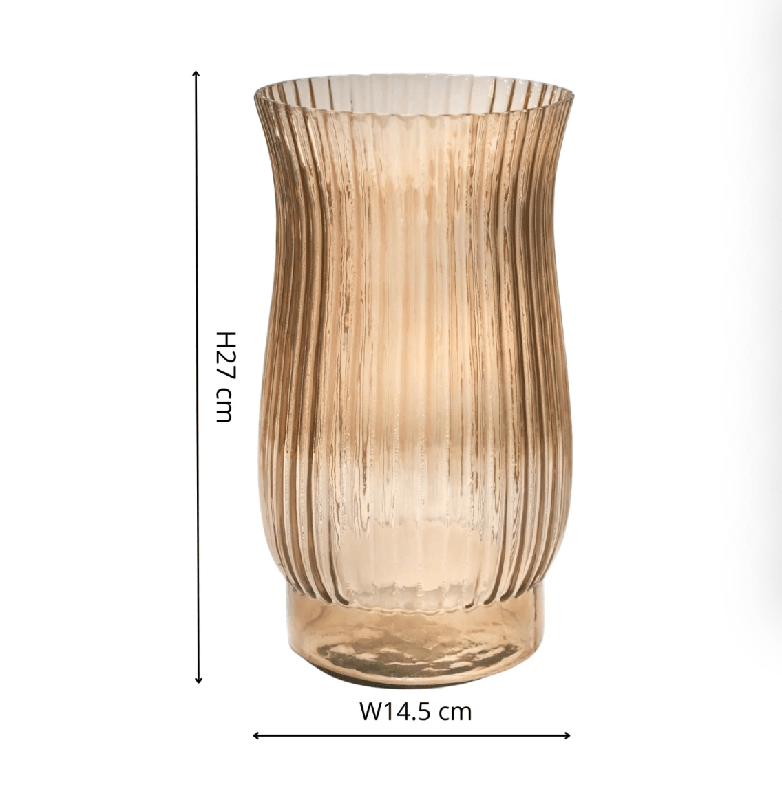Glass vase with ribbed design and measurements on a white background