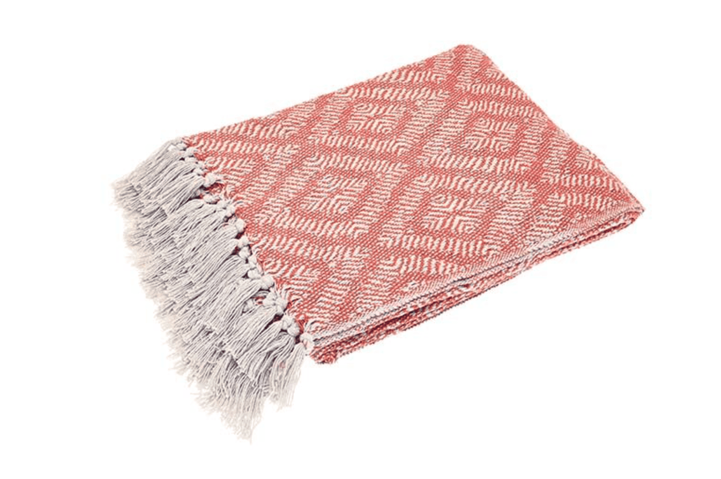 Pink woven blanket with white pattern and tassels on a white background