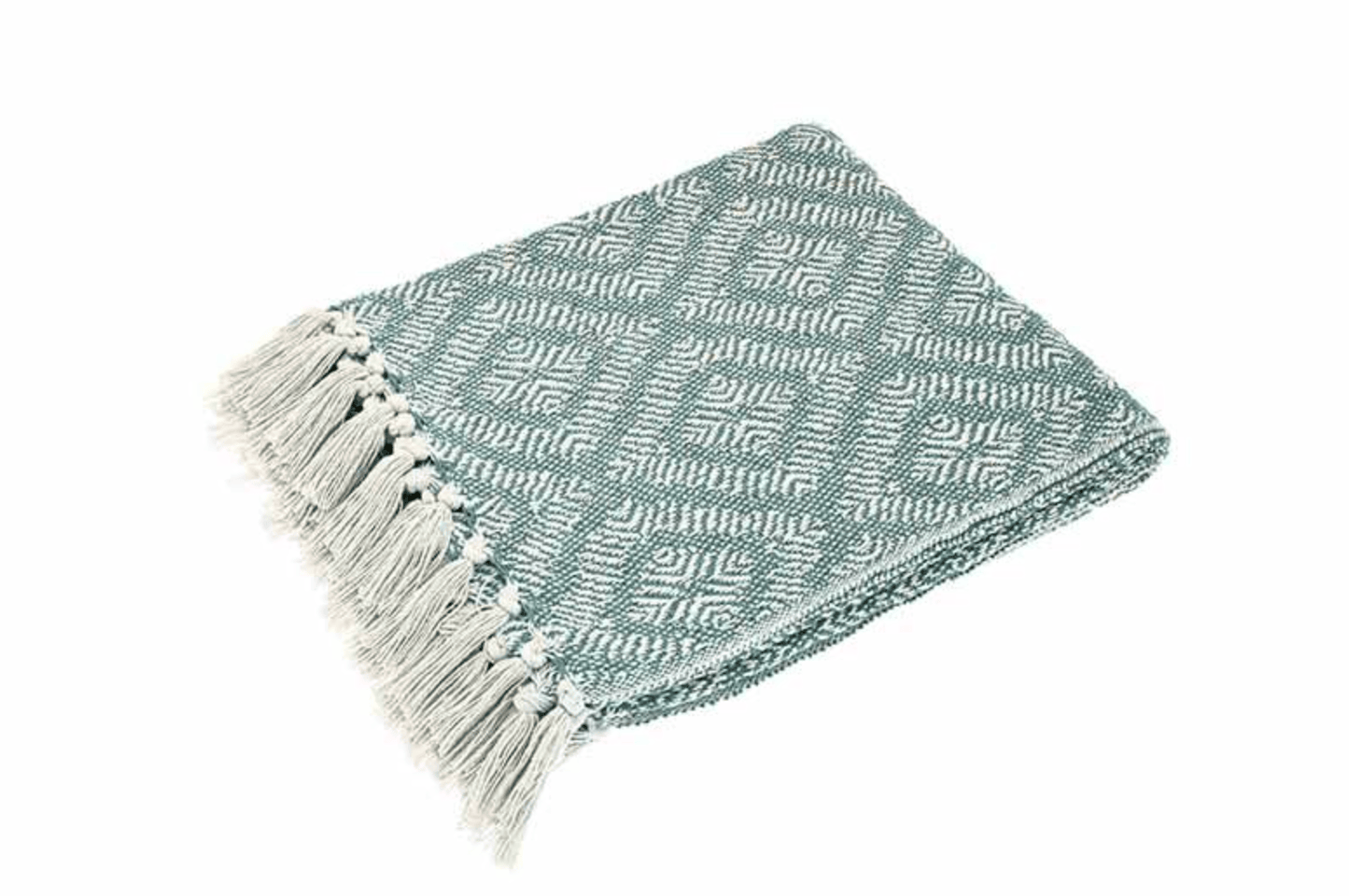 Textured blanket with geometric pattern and tassels on a white background