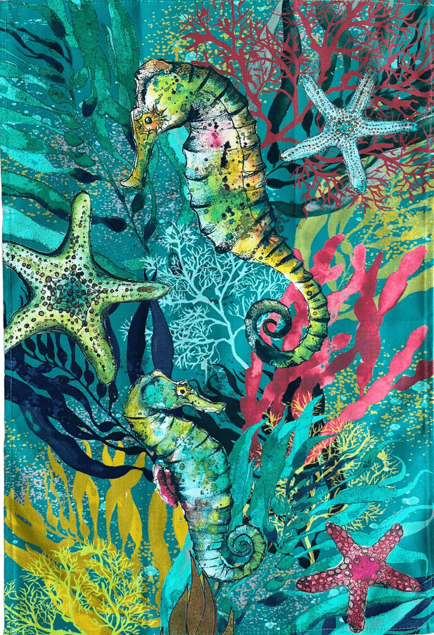 Cotton Dollyhotdogs Tea Towel with Seahorse and Starfish print