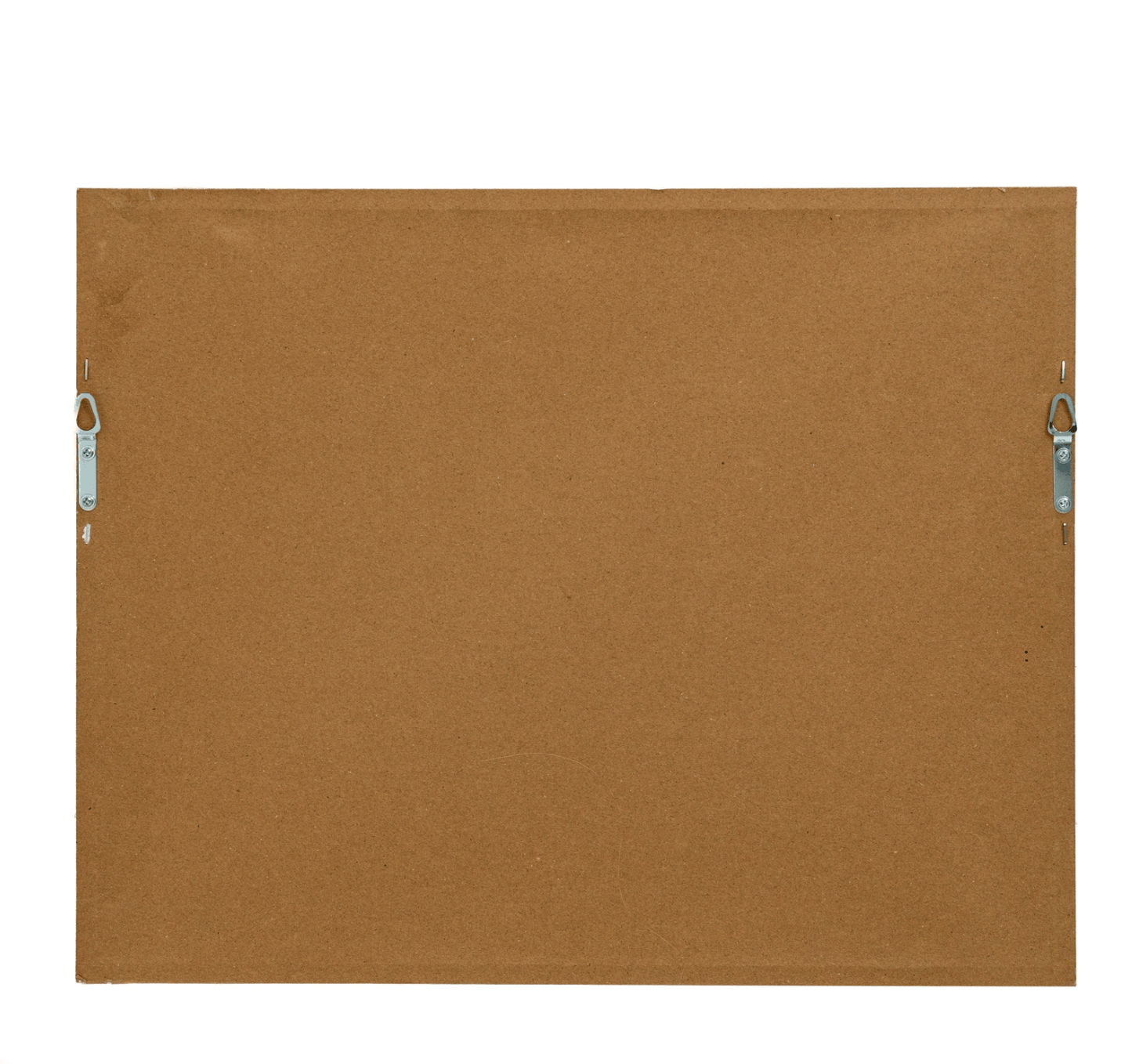Brown cork bulletin board with two metal clips on a white background