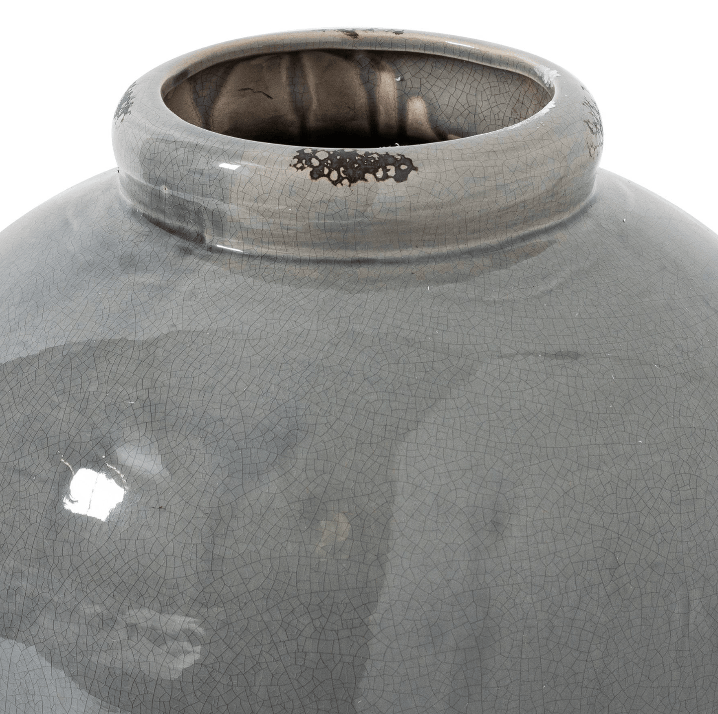 Close-up of a gray ceramic vase with a textured surface on a white background
