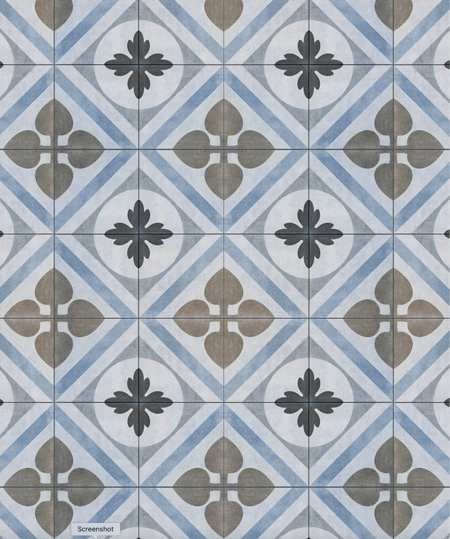 Waterproof floor mat with geometric design in blue, gray, and black on a white background