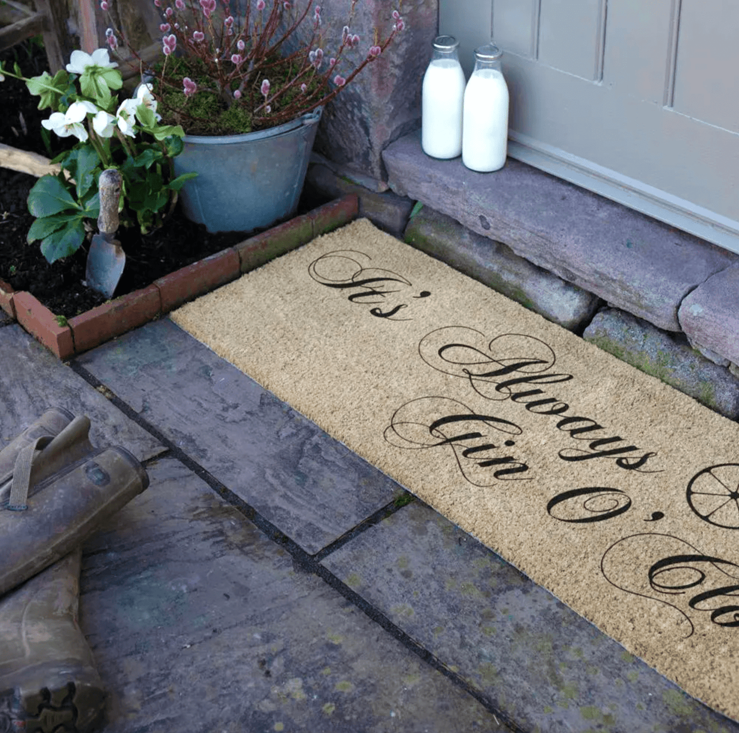 Patio Doormat 'It's Always Gin O'Clock' Black Print Design by Artsy