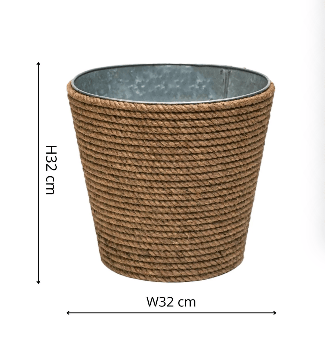 Woven basket with dimensions labeled on a white background