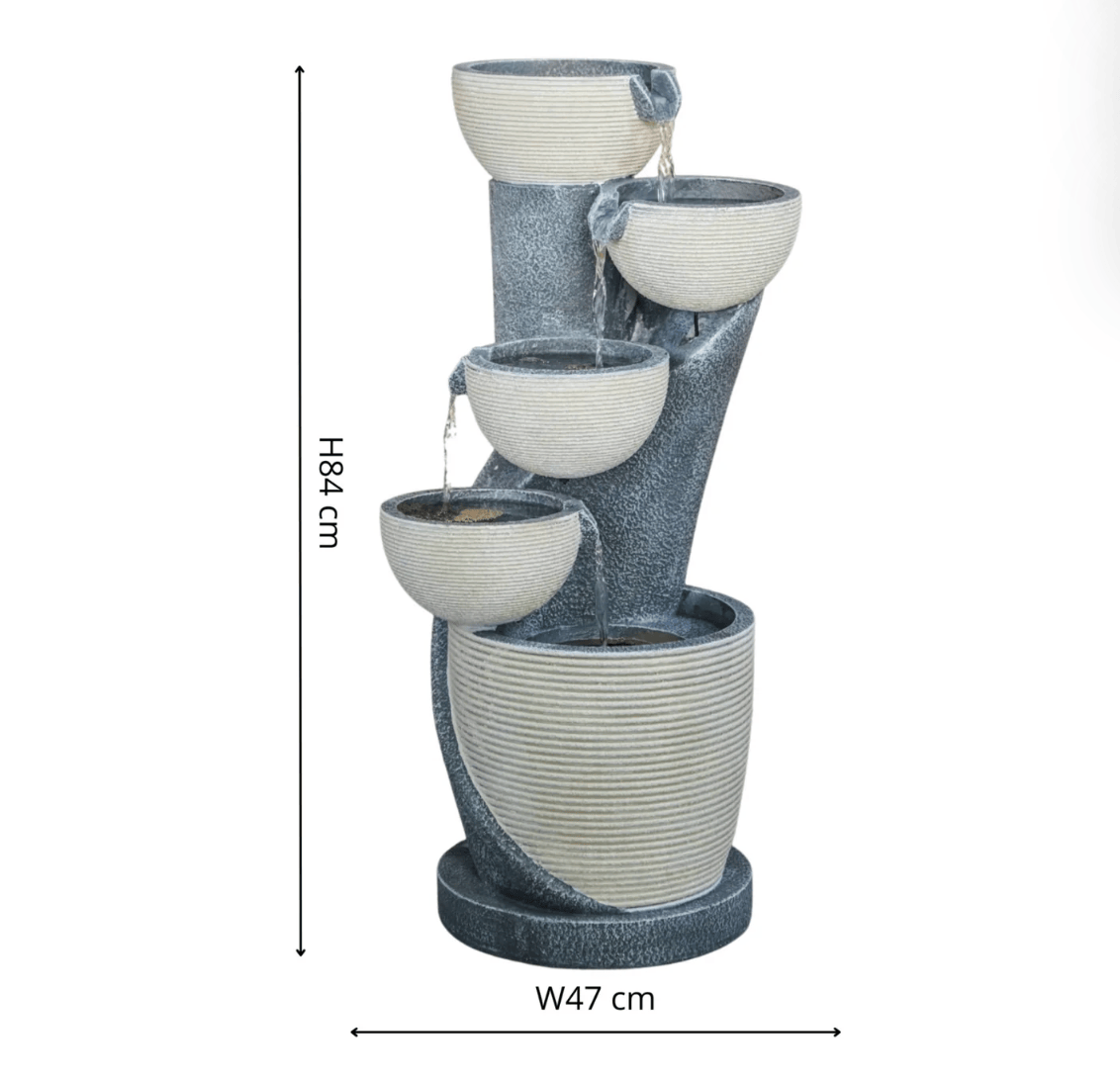 A five-tiered decorative fountain with a textured gray and beige stone-like finish, shown with height and width measurement annotations on a plain white background.