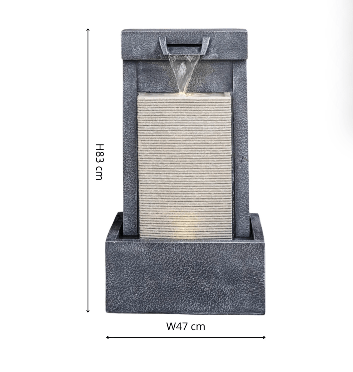 A dark gray stone-textured waterfall fountain with a rectangular base and textured waterfall panel, shown with dimension lines indicating a height of 883 mm and width of 470 mm on a white background.