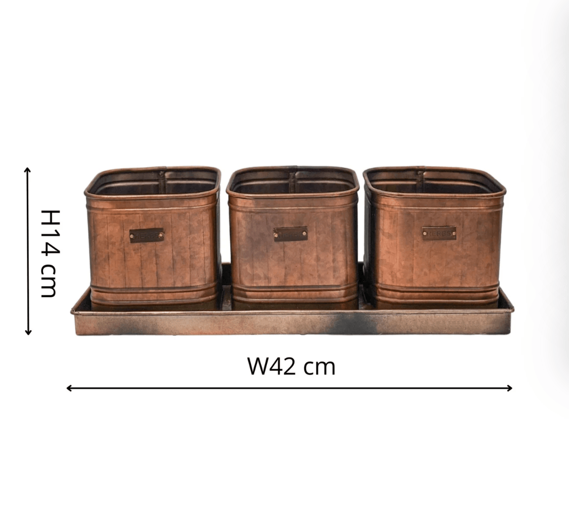 Set of three copper-colored metal planters with a tray, showing dimensions on a white background.
