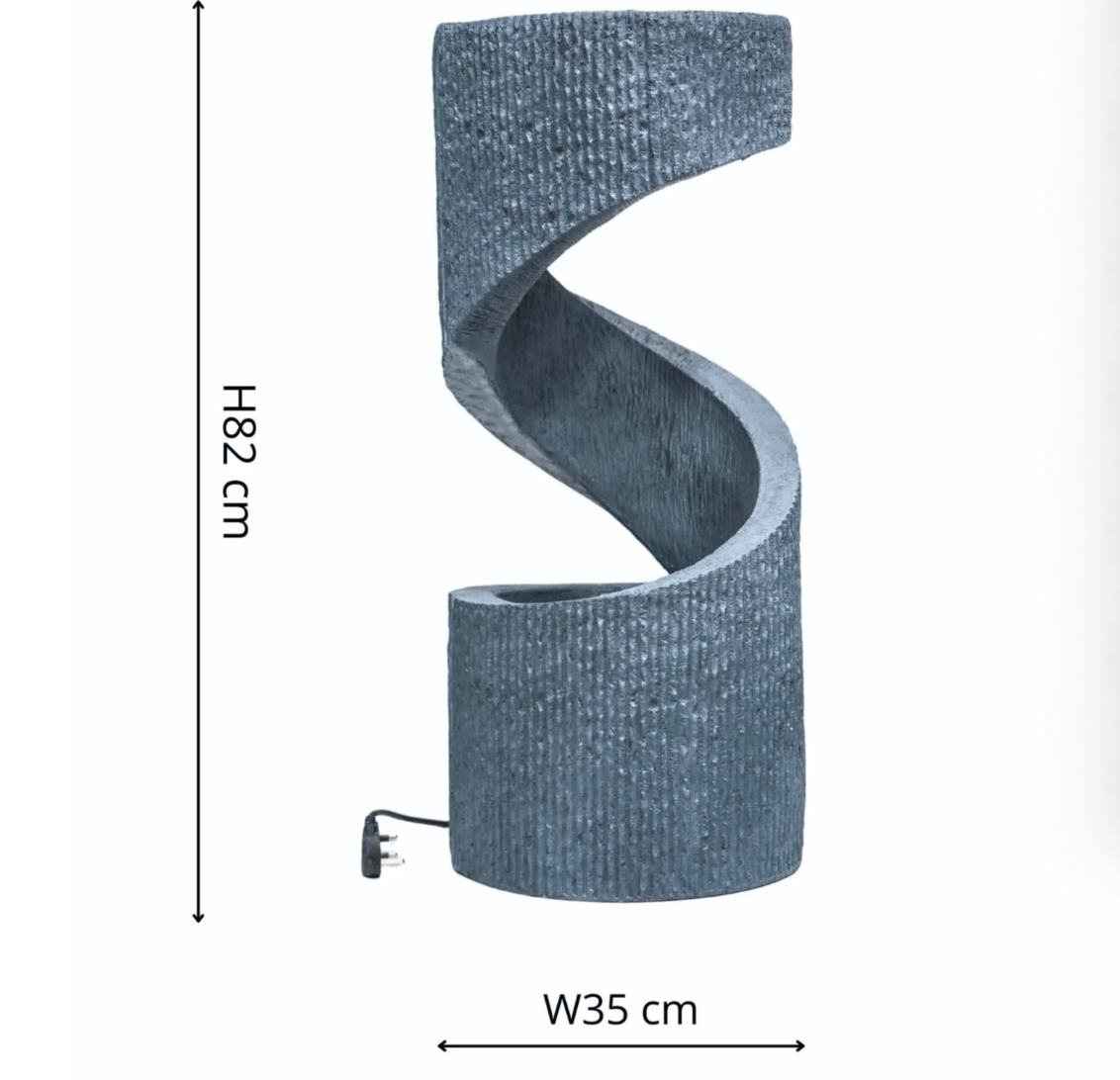 A spiral-shaped textured gray decorative light fixture with a power cord, shown on a white background with height and width measurement annotations.