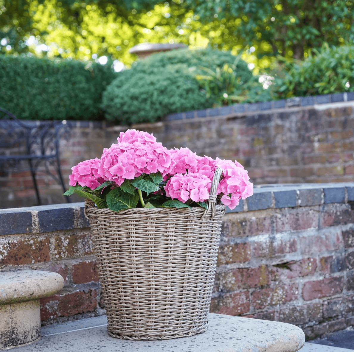 Wicker basket with pink flowers against a brick wall and garden background