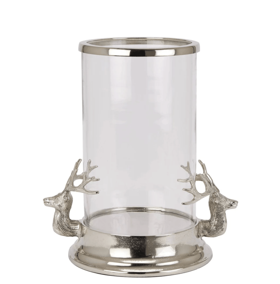 Clear glass candle holder with silver metal base and deer heads on a white background