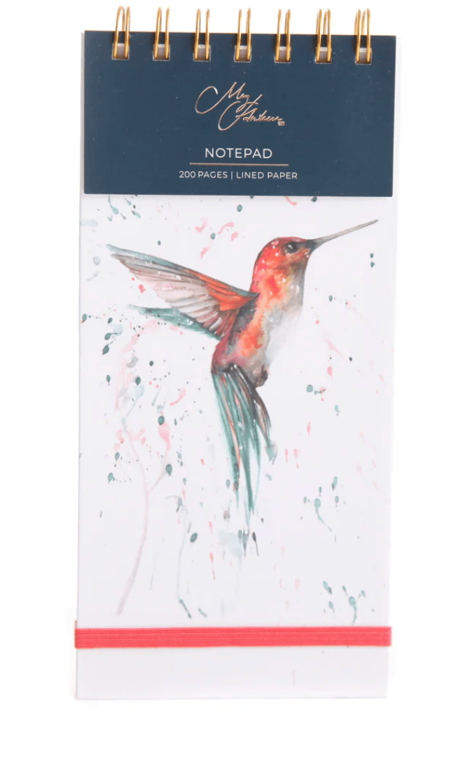Notepad with a colorful hummingbird illustration on a white background