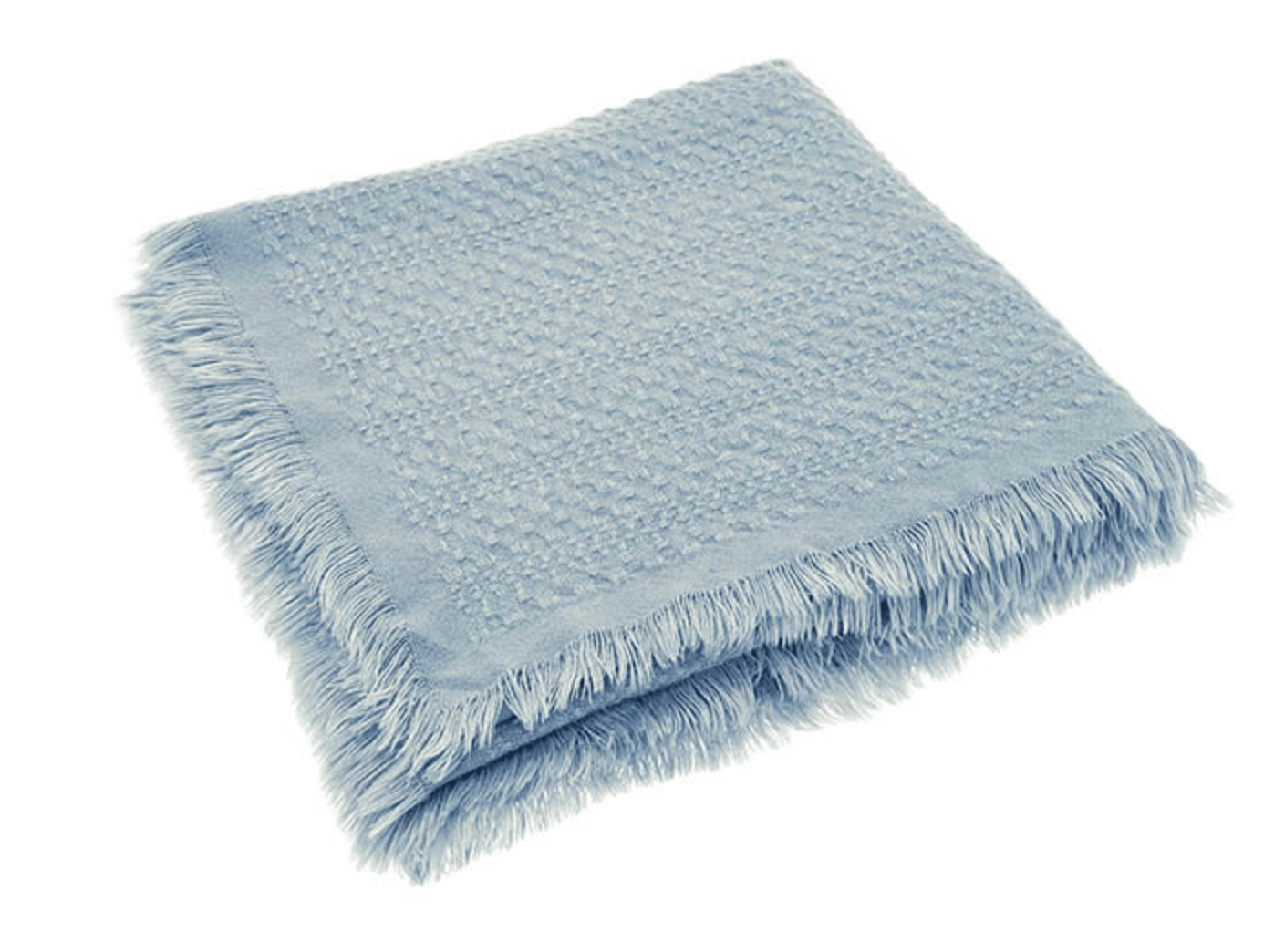 Light blue textured throw blanket with frayed edges on a white background