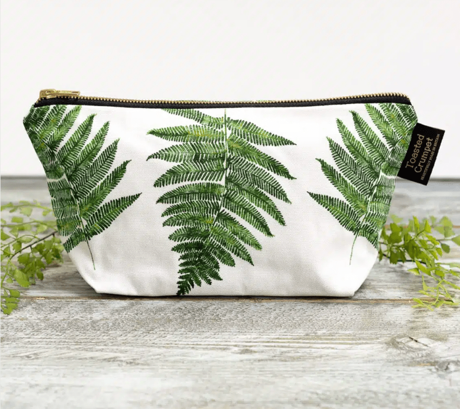 Toasted Crumpet Woodland Fern Wash Bag with fern leaves decoration