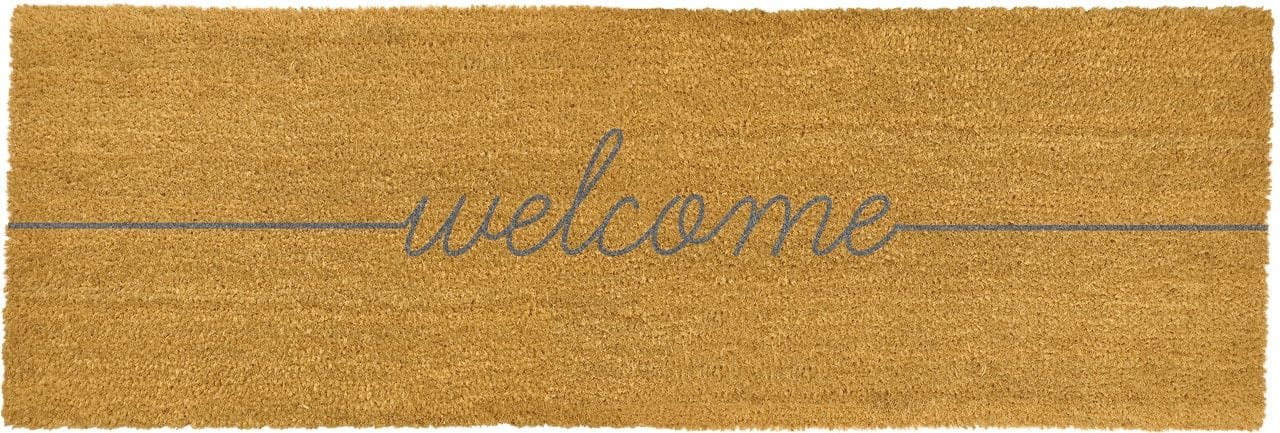 Artsy patio doors door mat with Welcome in grey print.