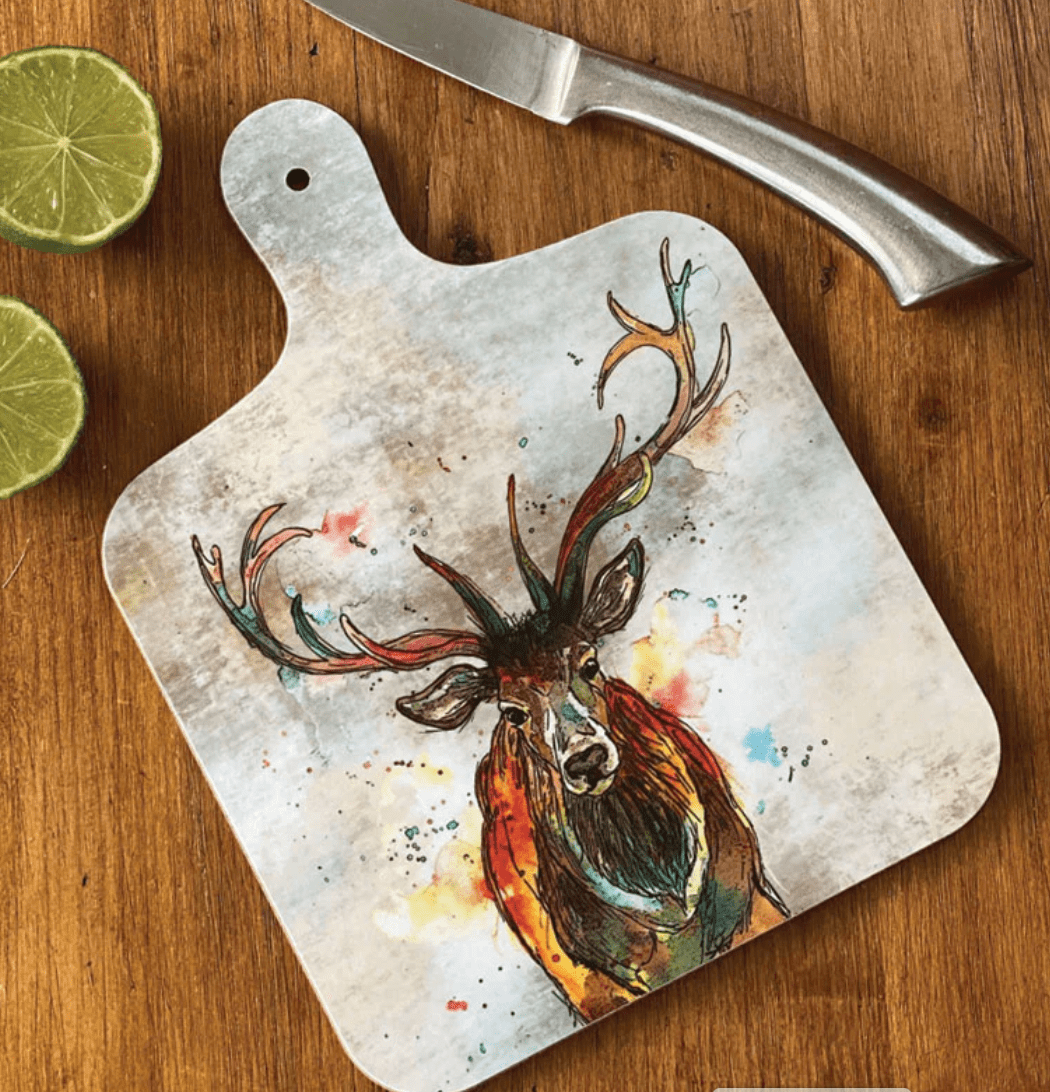 Small chopping board with colourful Stag design by Dollyhotdogs