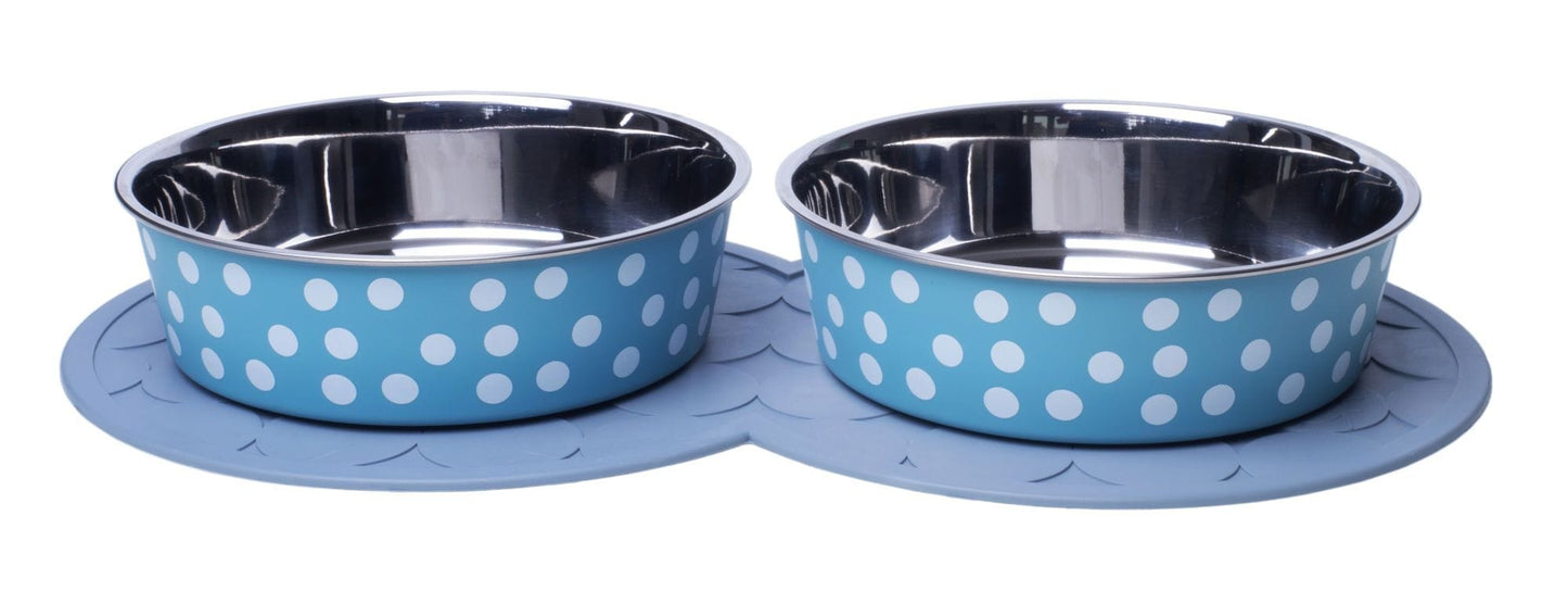 Petface Turquoise With White Spots Dog Bowls on Grey Placemat