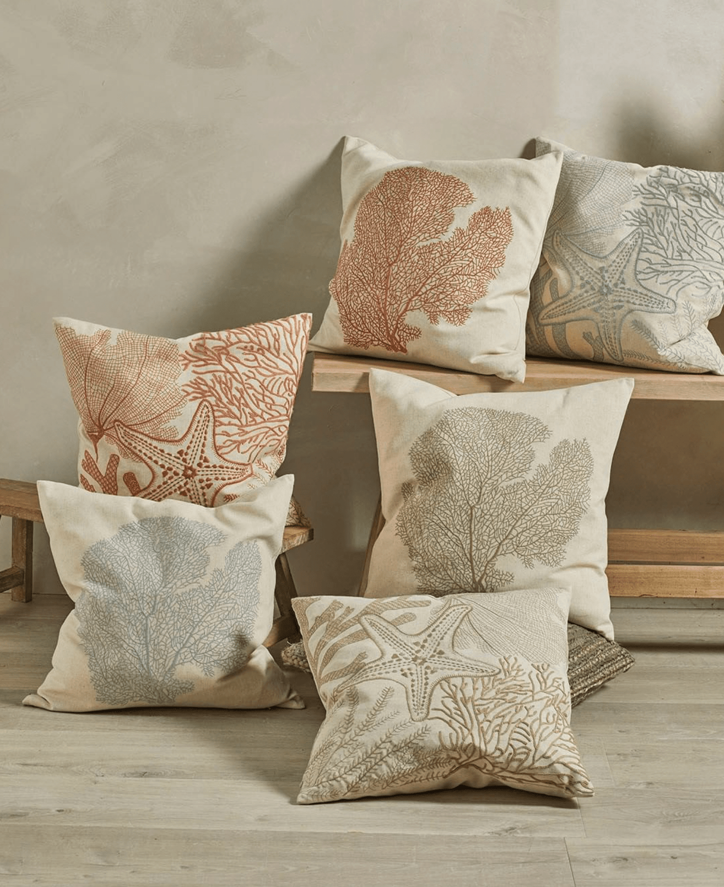 Embroidered coral cushion natural