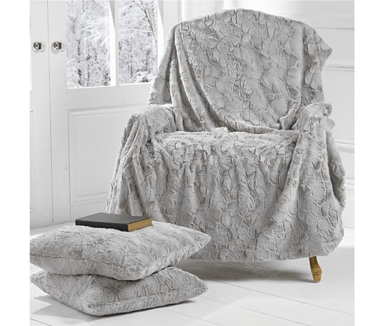 Marilyn Large Luxury Throw Dove Grey by Walton & Co. lifestyle image with cushions.
