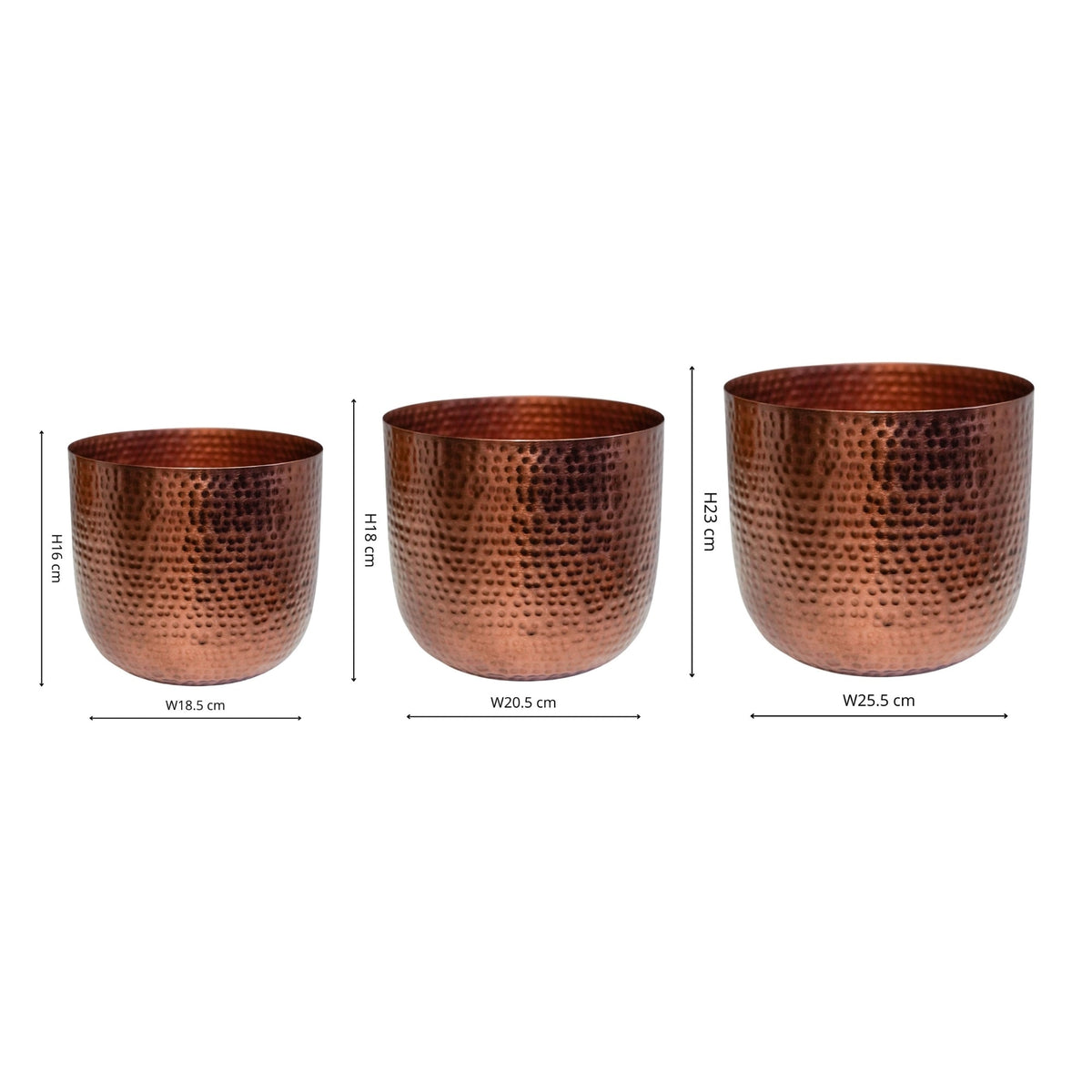 Felix Hammered Metal Planter Set of 3 bronze dimensions
