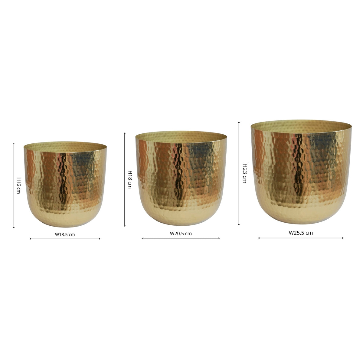 Felix Hammered Metal Planter Set of 3 gold dimensions