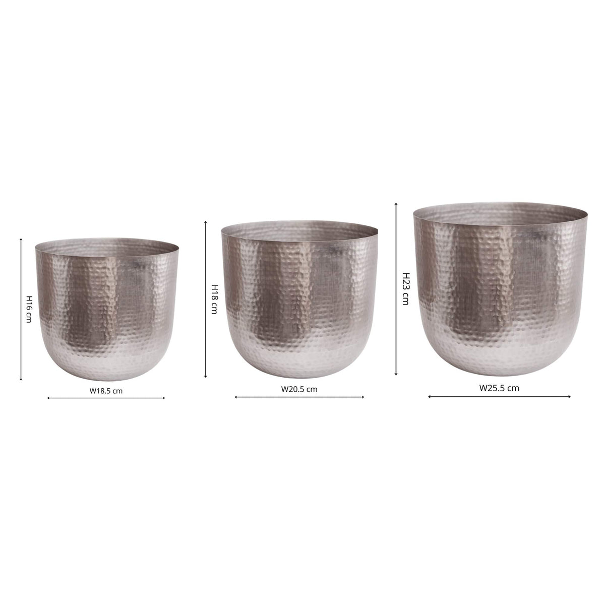 Felix Hammered Metal Planter Set of 3 silver dimensions