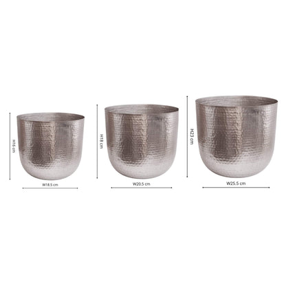 Felix Hammered Metal Planter Set of 3 silver dimensions