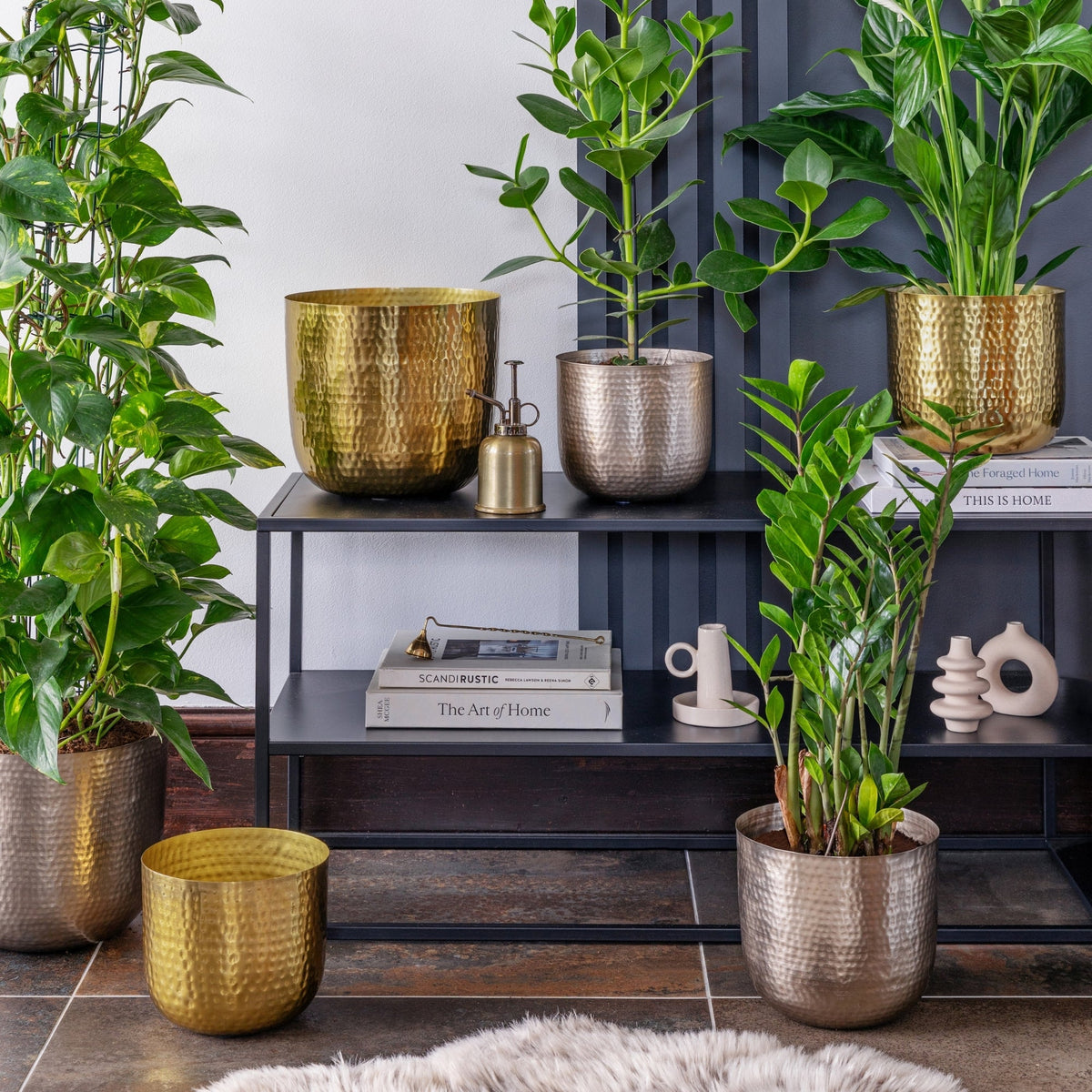 Felix Hammered Metal Planter Set of 3 lifestyle