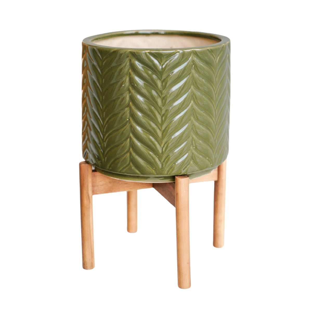 Aspen Chevron Planter by Ivyline olive green on Stand