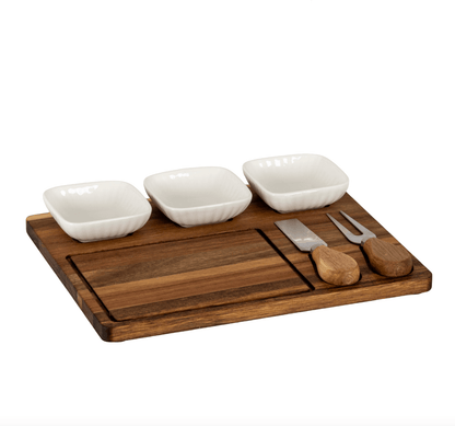 Acacia Cheese Board Set With White Ceramic Bowls And Cutlery