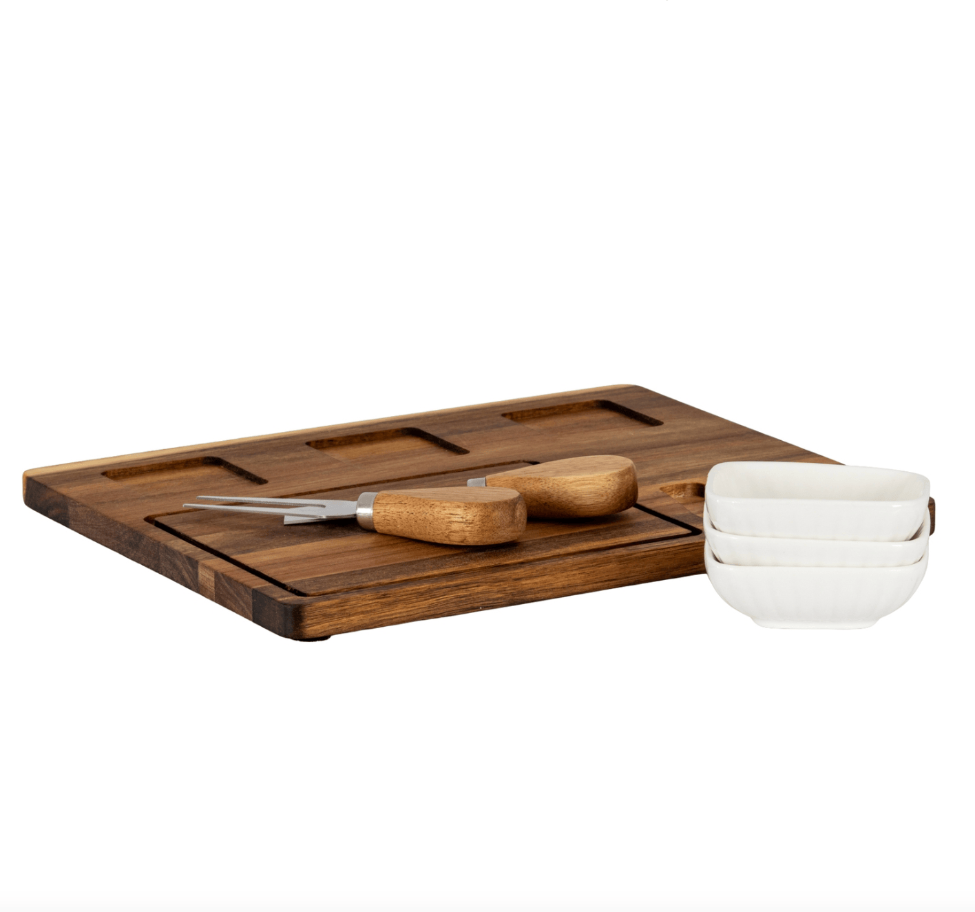 Acacia Cheese Board Set With White Ceramic Bowls And Cutlery