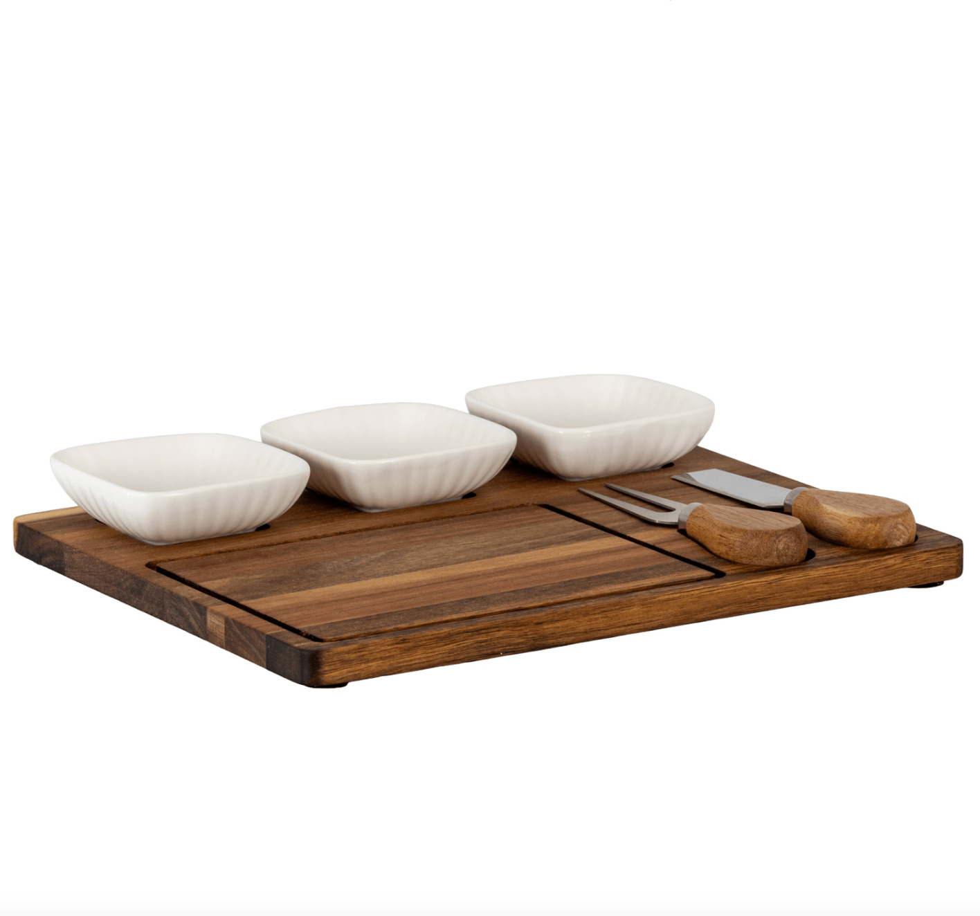 Acacia Cheese Board Set With White Ceramic Bowls And Cutlery