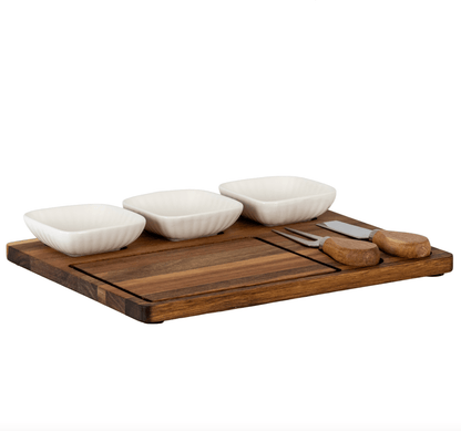 Acacia Cheese Board Set With White Ceramic Bowls And Cutlery