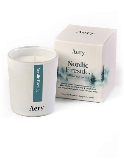 Aery Nordic Fireside candle and packaging on a white background