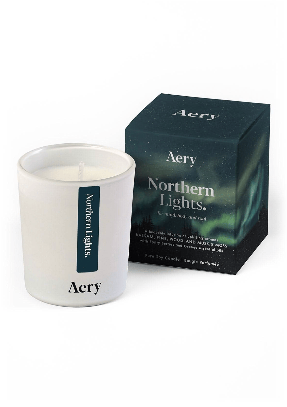 Aery Northern Lights candle and packaging on a white background