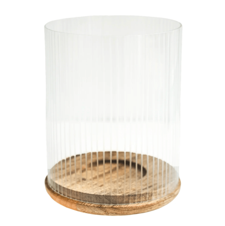 Amelia Ribbed Glass Wooden Candle Holder