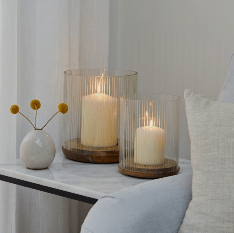 Amelia Ribbed Glass Wooden Candle Holder