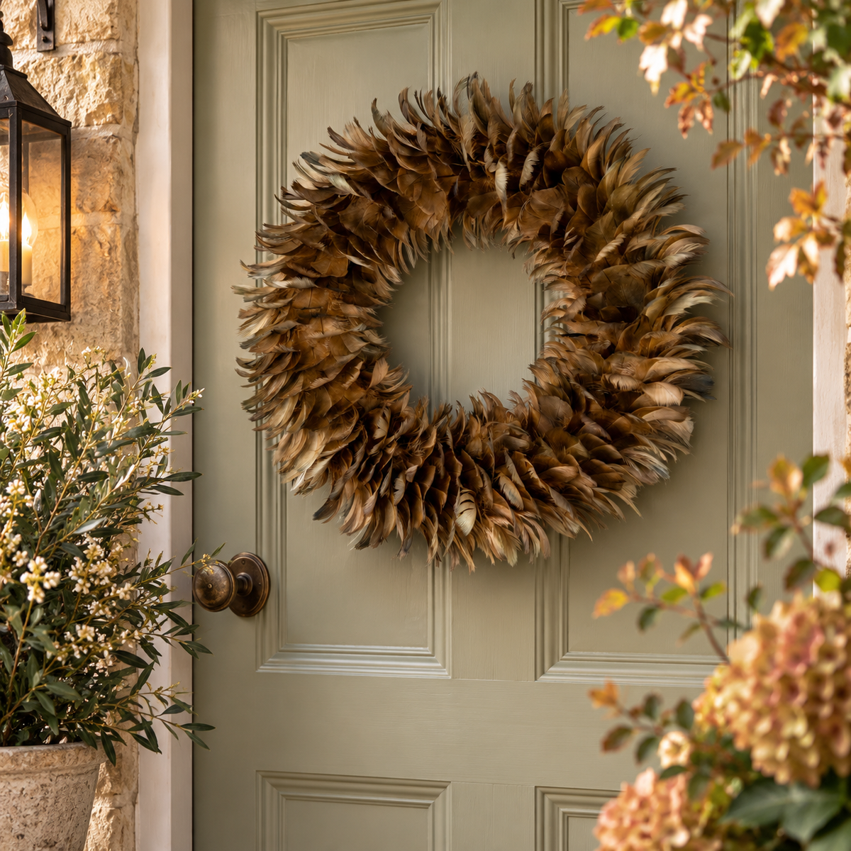A circular feather wreath in earthy brown and beige tones hanging on a muted sage green front door, framed by potted plants and a stone wall.