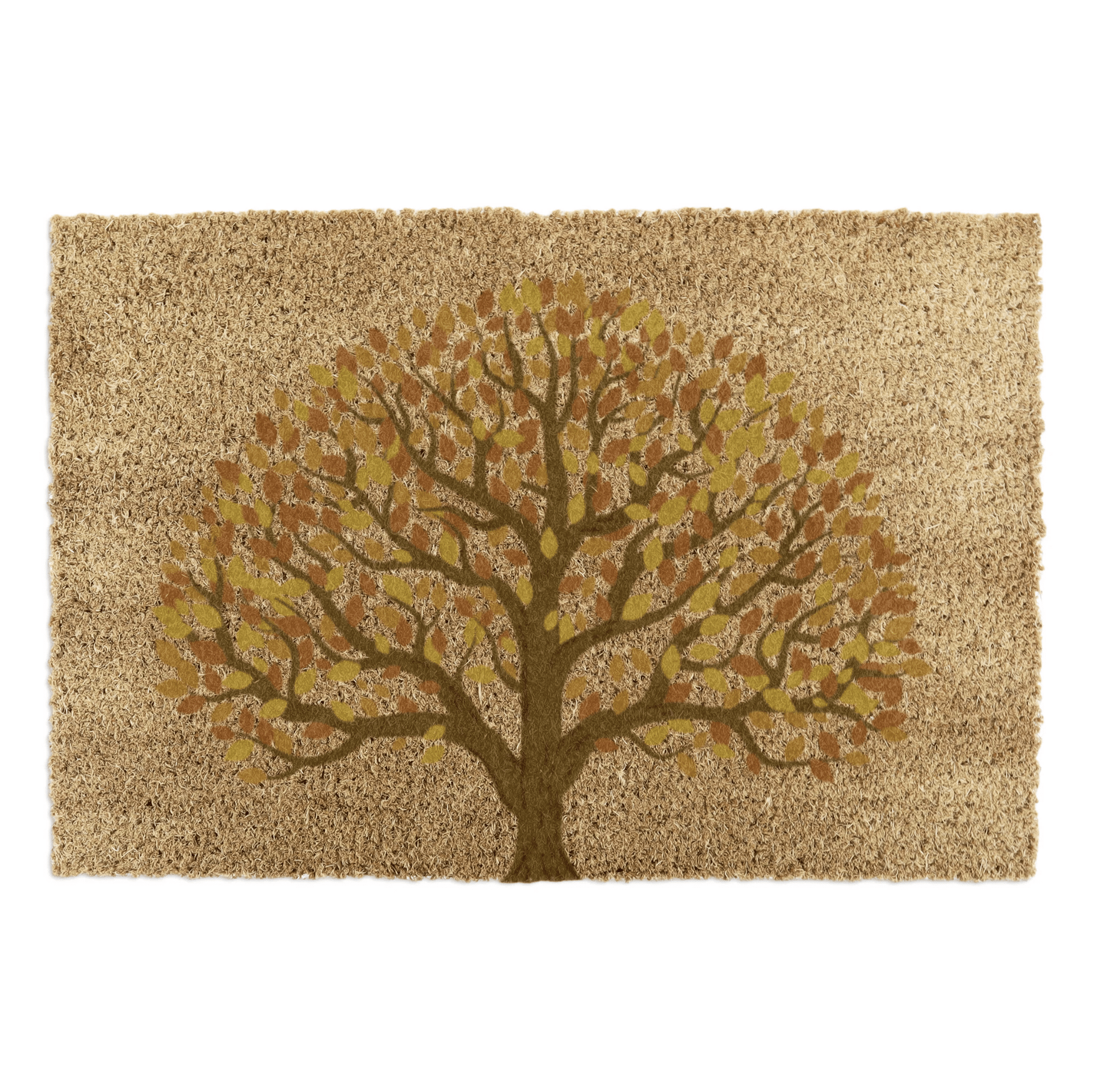 Doormat with a tree design featuring autumn leaves on a beige background