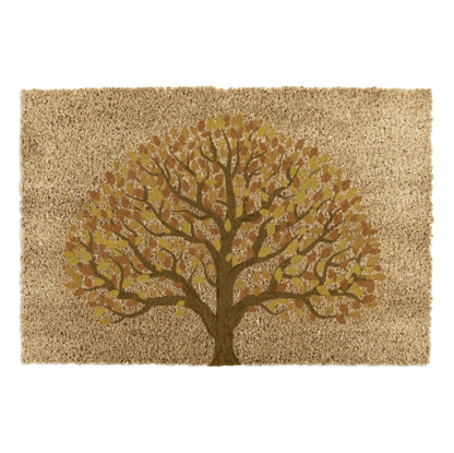 Doormat with a tree design featuring autumn leaves on a beige background