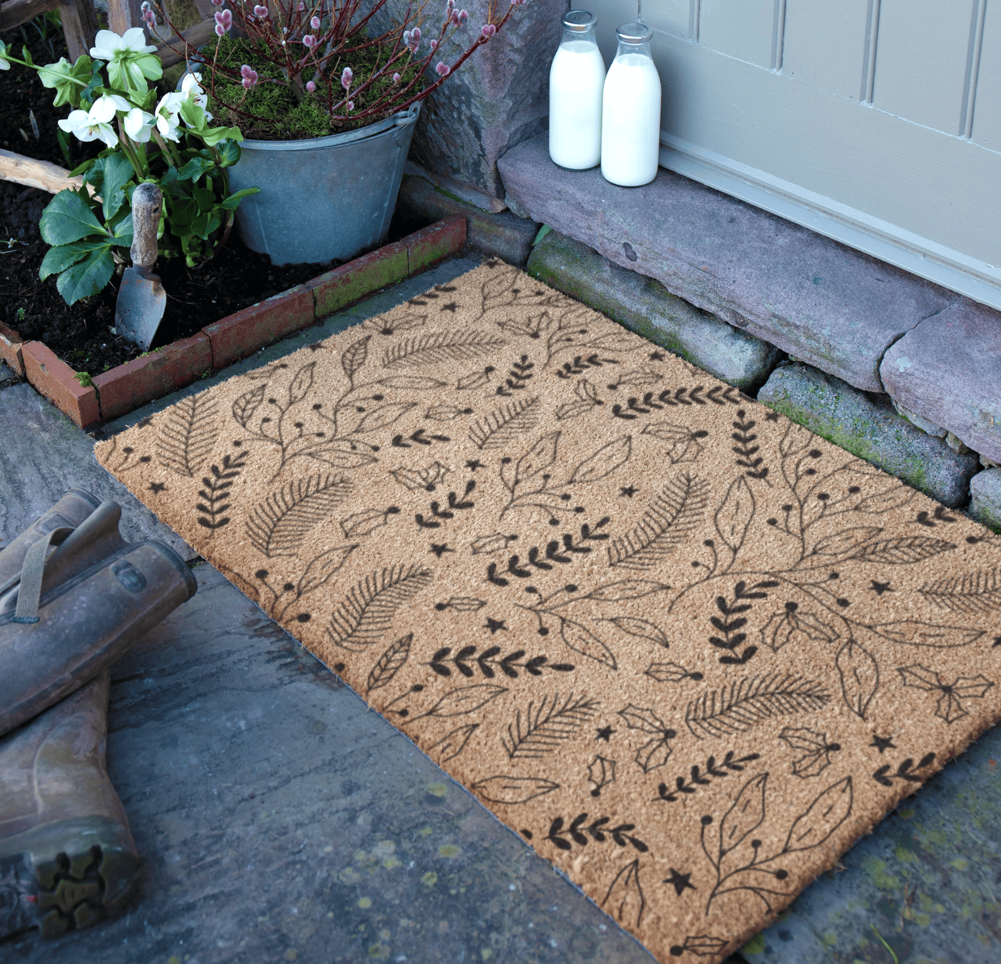 Artsy Extra Large Country Style Doormat Winter Foliage Design