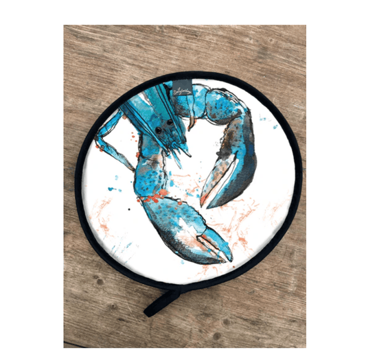 Aga Cover with a blue lobster design on a wooden surface