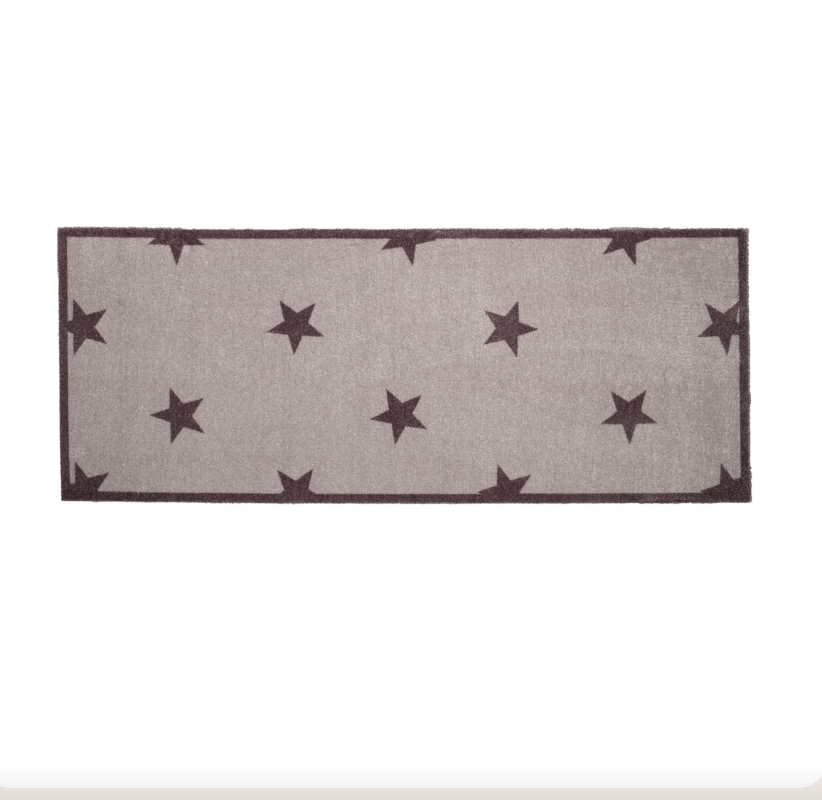 A rectangular area rug with a light beige background and dark brown star motifs, bordered by dark brown trim, shown against a plain white background.