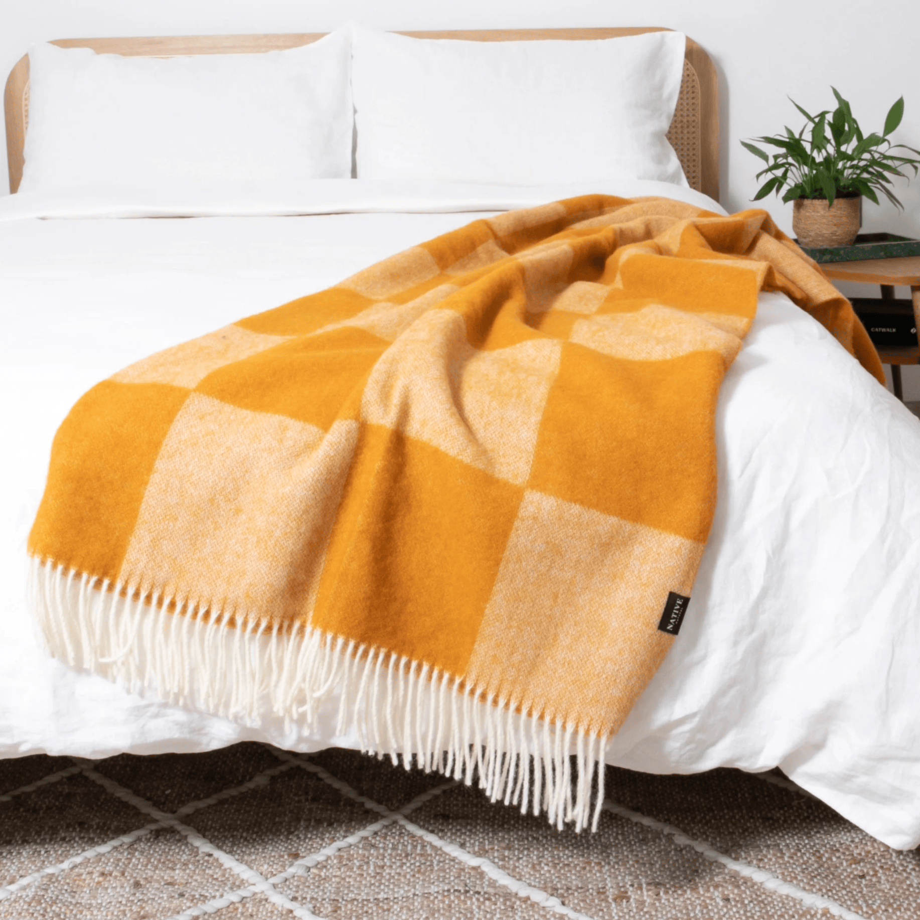 Orange Checkerboard Blanket Made with 100% Wool