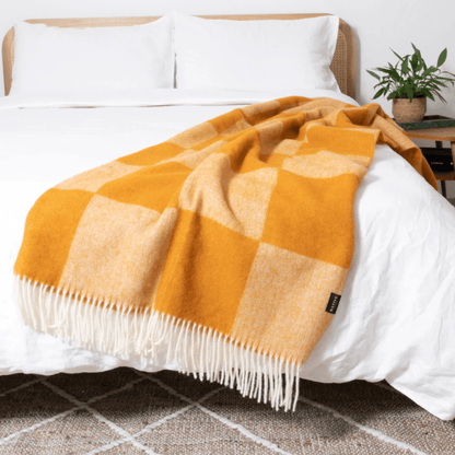 Orange Checkerboard Blanket Made with 100% Wool