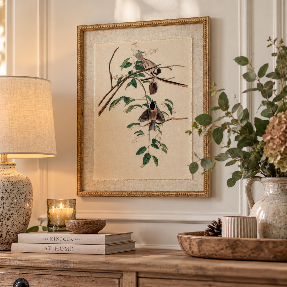 Framed bird art print hanging on a cream paneled wall above a wooden console table, styled with a lamp, books, candle, tray, and flowers.