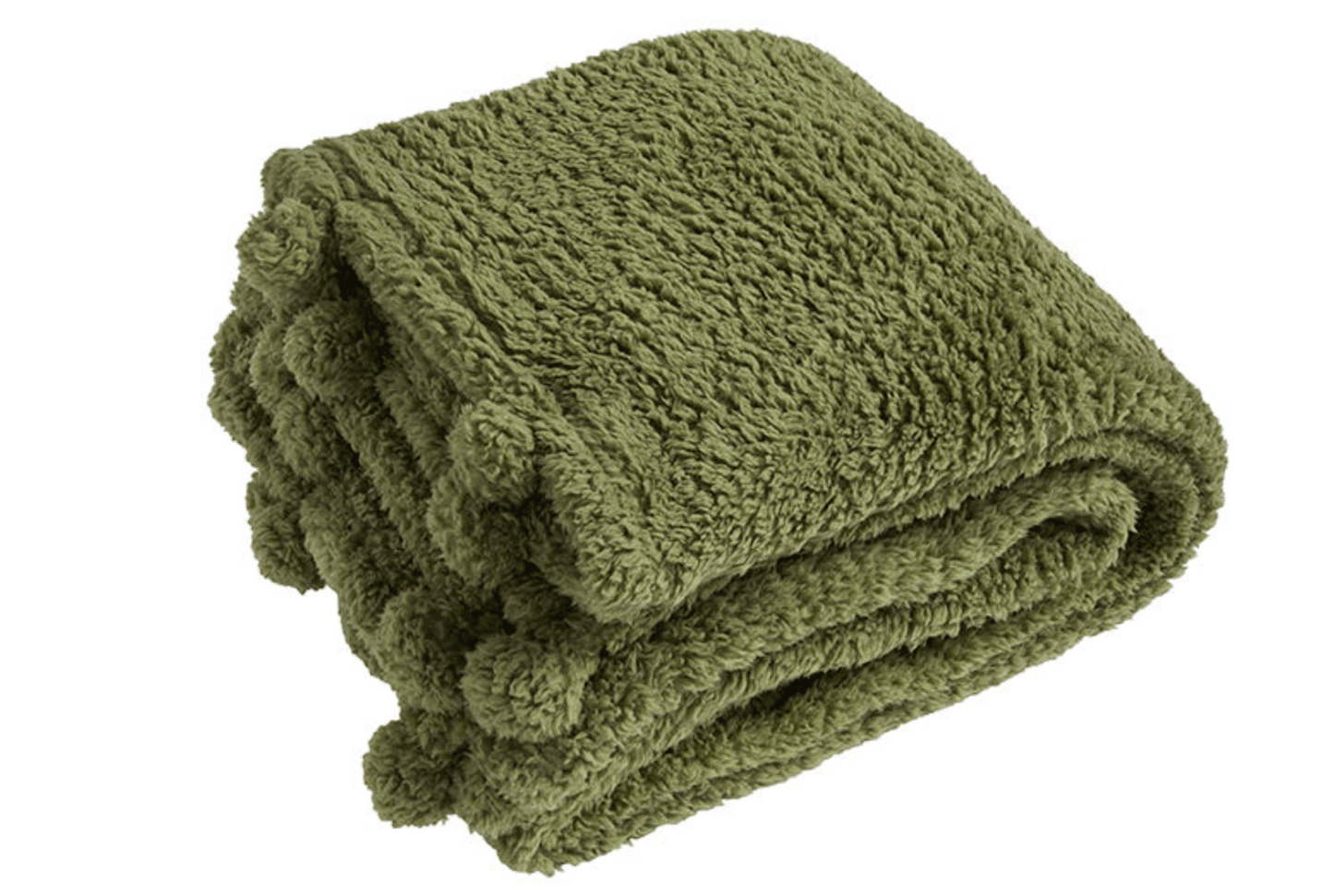 Folded green blanket on a white background