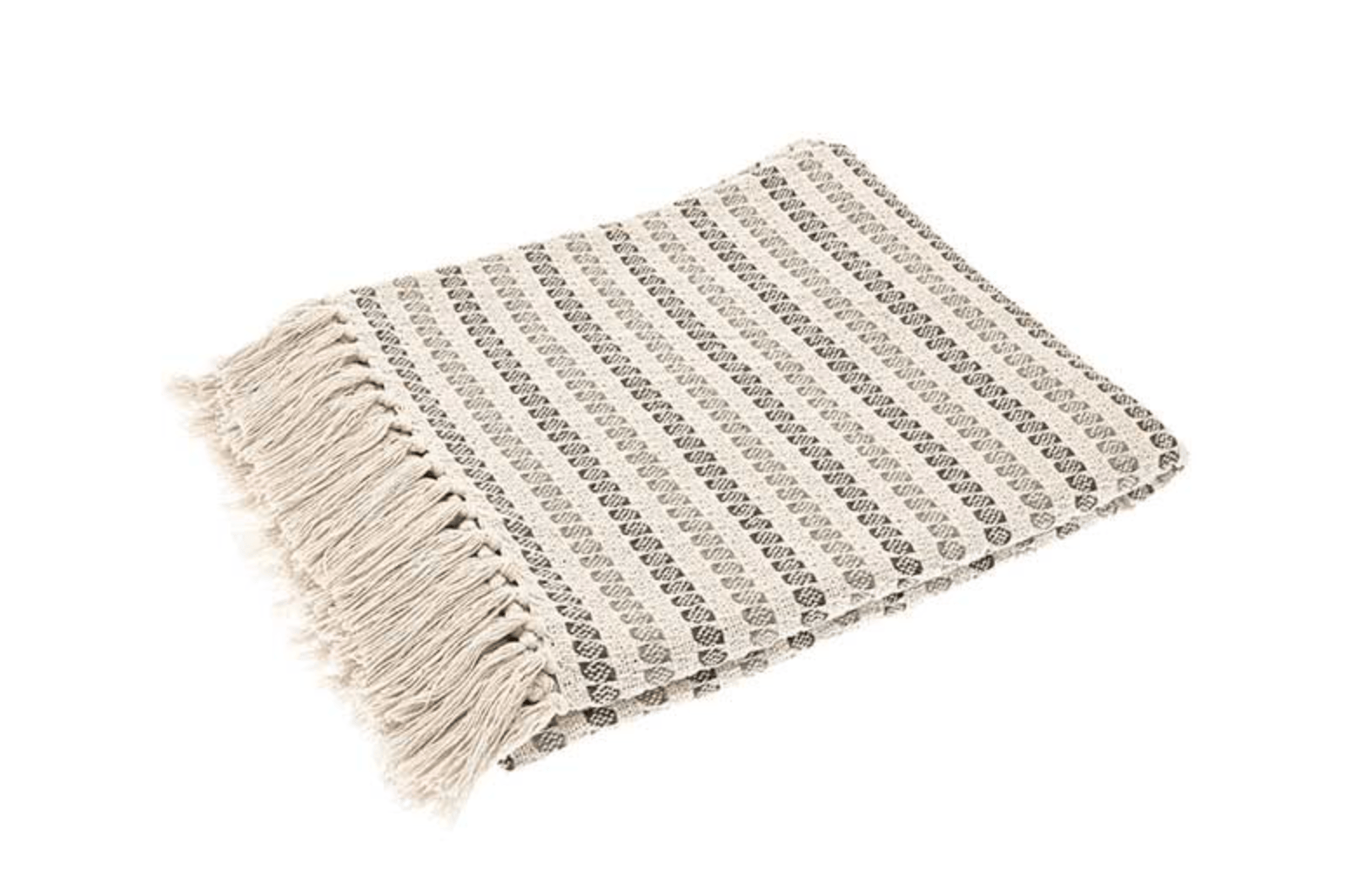 Textured throw blanket with fringe on a white background